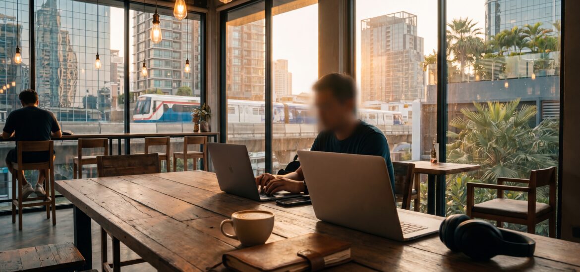 Modern Bangkok cafe interior at golden hour with laptops on a wooden communal table and city skyline view through floor-to-ceiling windows