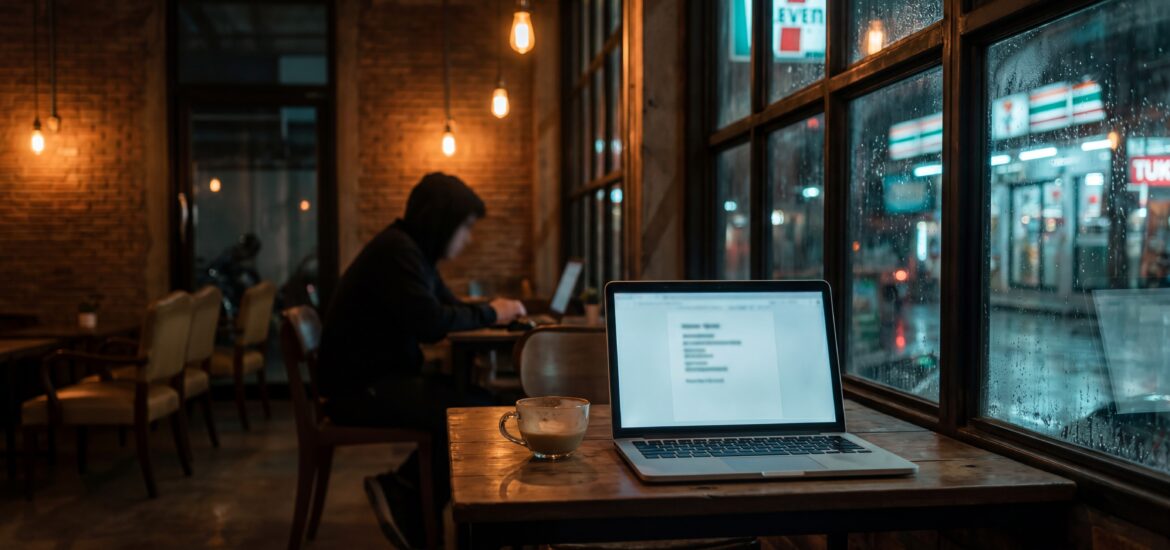 Late-night Bangkok cafe interior at 3am with warm amber tungsten lighting, a glowing laptop, and rainy neon street view