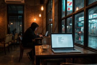 Late-night Bangkok cafe interior at 3am with warm amber tungsten lighting, a glowing laptop, and rainy neon street view
