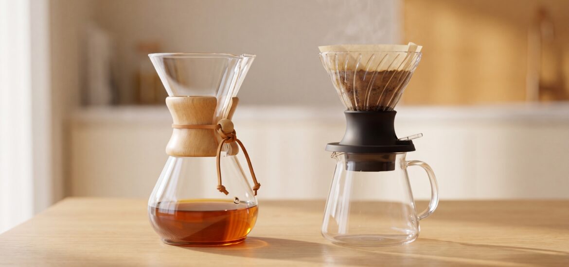 Chemex Classic pour-over and Hario V60 Switch immersion brewer with side lever, side by side on a wooden surface
