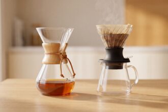 Chemex Classic pour-over and Hario V60 Switch immersion brewer with side lever, side by side on a wooden surface