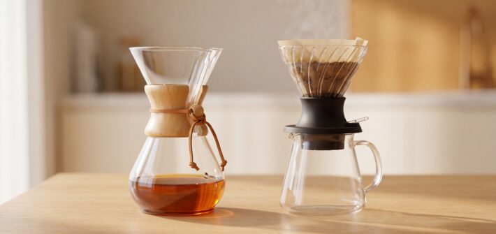 Chemex Classic pour-over and Hario V60 Switch immersion brewer with side lever, side by side on a wooden surface
