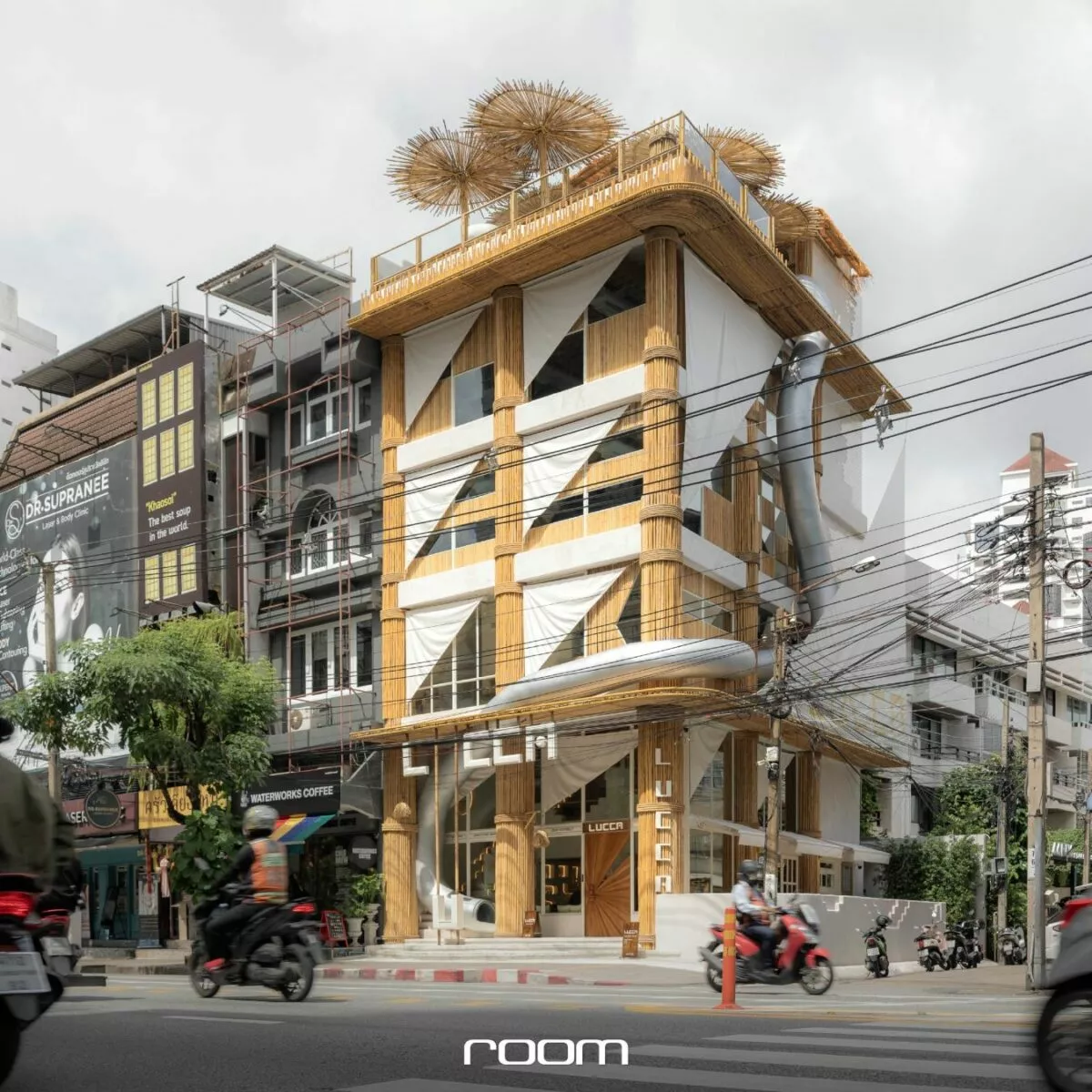 Lucca cafe in Thong Lor Bangkok, Mediterranean-bohemian interior with bamboo and white stucco