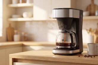 An automatic drip pour over coffee machine brewing fresh coffee into a glass carafe on a sunlit wooden kitchen counter, with steam rising and a ceramic mug nearby