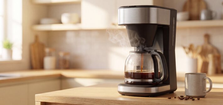 An automatic drip pour over coffee machine brewing fresh coffee into a glass carafe on a sunlit wooden kitchen counter, with steam rising and a ceramic mug nearby