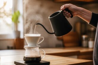 Gooseneck kettle pouring a precise stream of water into a pour-over dripper