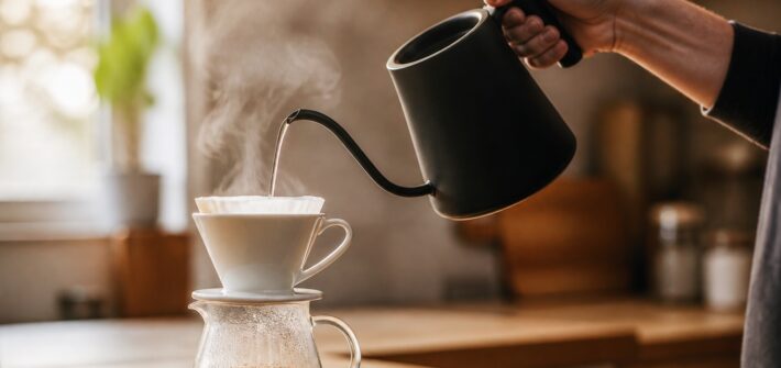 Gooseneck kettle pouring a precise stream of water into a pour-over dripper