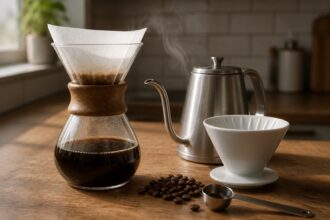 Best plastic-free coffee makers for 2026, a glass pour-over carafe, stainless gooseneck kettle and ceramic dripper on a kitchen counter