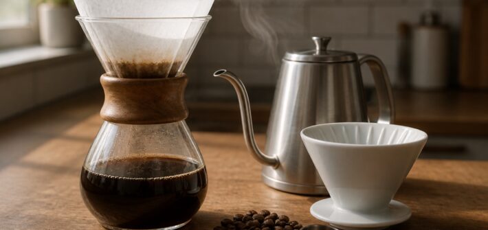 Best plastic-free coffee makers for 2026, a glass pour-over carafe, stainless gooseneck kettle and ceramic dripper on a kitchen counter
