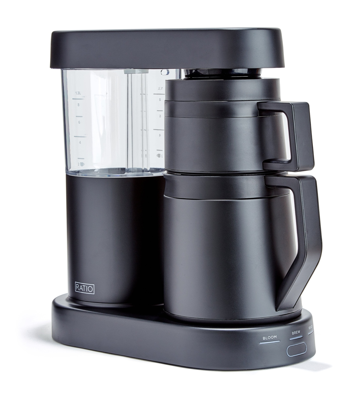 Ratio Six Series 2 automatic coffee maker, glass water lines on a low-plastic brew path