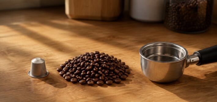 A coffee capsule beside a pile of whole coffee beans and an empty portafilter basket, comparing single-serve pods to fresh-ground espresso