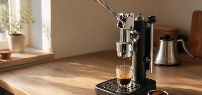 Manual lever espresso machine on a kitchen counter pulling a shot